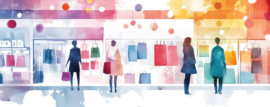 Colorful abstract illustration of shoppers browsing in a vibrant store, showcasing bags and a lively shopping atmosphere.