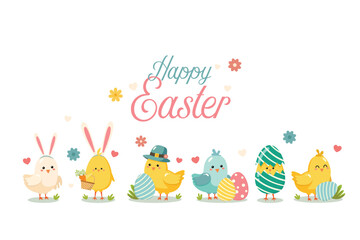 Obraz premium Colorful easter vector illustration with cute chicks birds