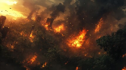 Naklejka premium Raging forest fire consuming trees, with intense orange flames and heavy smoke rising to the sky.