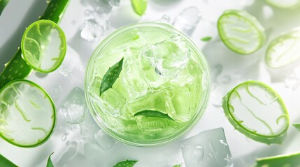 Obraz premium Refreshing aloe gel in a transparent jar surrounded by sliced aloe vera leaves on a spa-inspired background.