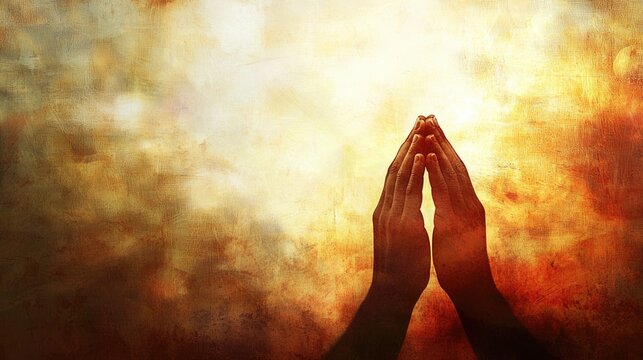 Create an abstract background featuring the image of hands in prayer against a soft, glowing light.