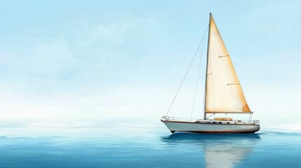 Fototapeta premium Calm Serenity of a Sailing Boat on Tranquil Waters under Blue Sky with Gentle Breeze and Soft Reflections