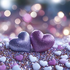 Obraz premium Romantic Glitter Hearts Valentine s Day Love Purple Pink Bokeh Background Festive S