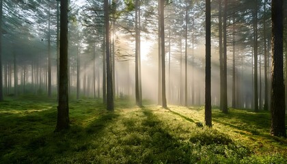 Obraz premium A mystical forest shrouded in soft morning fog, with sunlight streaming.