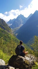 Fototapeta premium Men with backpack on the trail in Himalayas