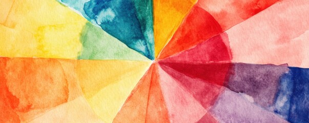 A vibrant watercolor design featuring a circular arrangement of colorful segments radiating from the center.