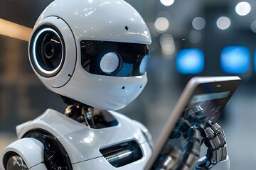 A close up of a robot holding a cell phone