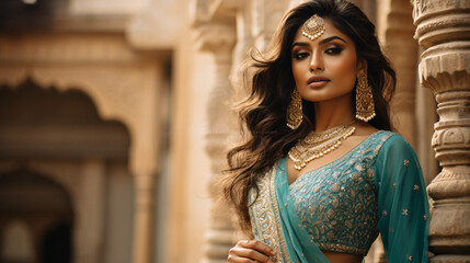 A graceful Indian bride wearing a turquoise bridal dress, exuding elegance and timeless beauty.

