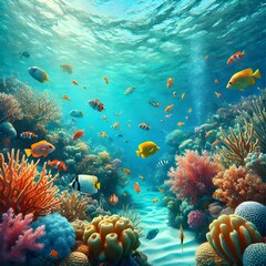 Naklejka premium Underwater Exploration_ A snorkeling or diving scene with colorful coral reefs and exotic fish, with the water surface providing copy space.2