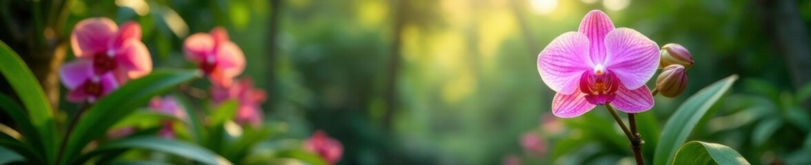 Phalaenopsis orchid in a tropical garden with other plants and flowers, landscape, flower