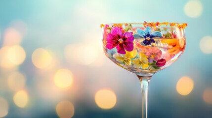 Festive cocktail with edible flowers, bokeh background, party drink