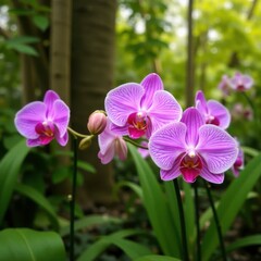 Obraz premium Phalaenopsis orchid in a tropical garden with other plants and flowers, orchid, garden, landscape