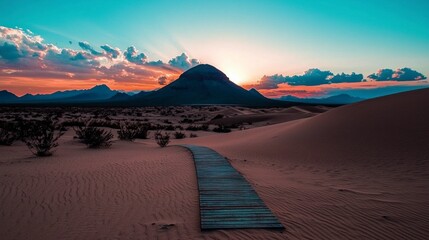 Fototapeta premium Desert Sunset Landscape Dunes Mountains Wooden Pathway