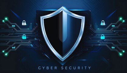 Fototapeta premium Cybersecurity Shield with Digital Locks and Circuit Lines in Futuristic Design