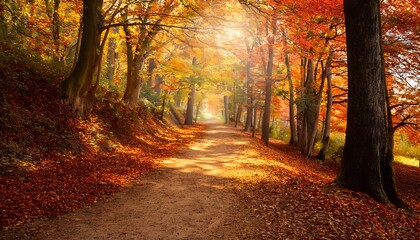 Obraz premium A peaceful autumn pathway covered in golden, orange, and red leaves.