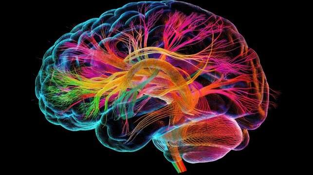 Illustrate a map of the brain's neural connections, using abstract forms and bright colors to represent different regions.