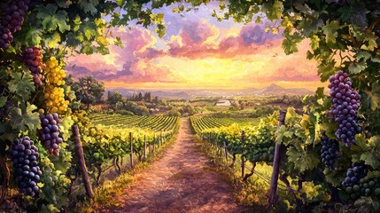 Naklejka premium Illustrate a tranquil vineyard at sunset, representing abundance and the fruits of faith.