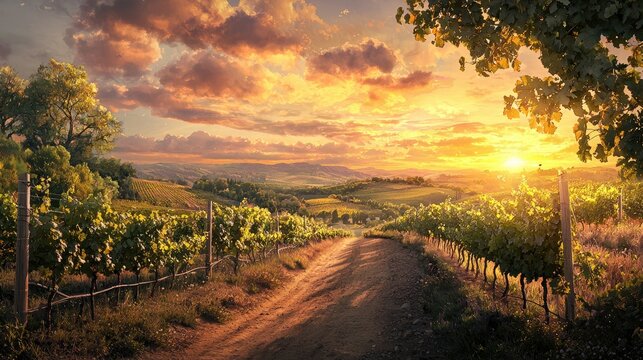Illustrate a tranquil vineyard at sunset, representing abundance and the fruits of faith.