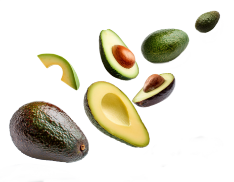 Flying avocado slices with seed halves and whole avocados. white background