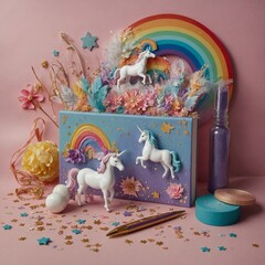  Illustrate a whimsical stationery set with fantasy elements like unicorns, rainbows, and glitter.