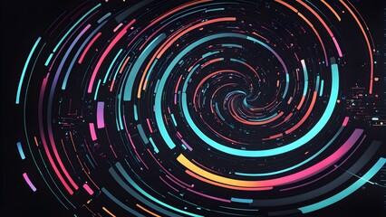 Fototapeta premium Abstract swirling vortex of vibrant neon teal, pink, and orange lines on a dark background.