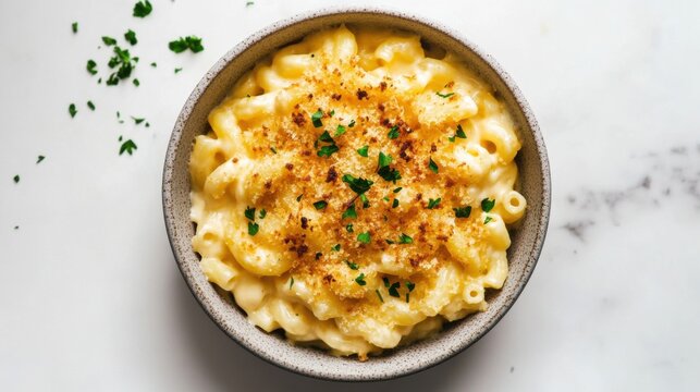 A bowl of creamy mac and cheese with a golden, crispy top and a sprinkle of fresh parsley, Centered in a minimalist ceramic bowl