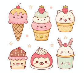 Set of cute kawaii style sweet icons