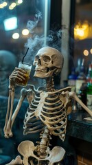 Skeleton Enjoying Drink  Moody Bar  Halloween  Smoke  Boney  Anatomy   Human Skeleton   Co