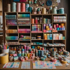 Obraz premium DIY: Show a craft station filled with DIY stationery supplies like washi tape, stamps, and colorful paper.