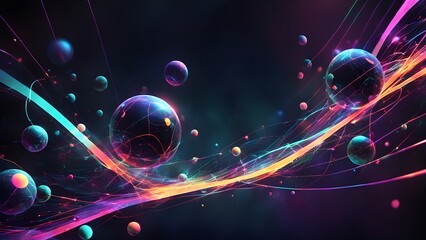 Abstract cosmic artwork featuring vibrant neon light trails and glowing spheres in a dark space.