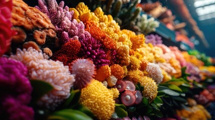 Obraz premium Vibrant flower market display, colorful blooms, close-up. Website banner