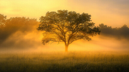 Obraz premium Serene sunrise over a misty field with a solitary tree, capturing tranquility and nature's beauty