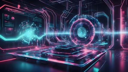 Fototapeta premium Abstract futuristic neon cyberpunk interior with glowing circuit board design and holographic display.