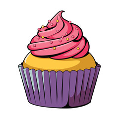 Cartoon cupcake icon vector illustration. Cute cupcake design with frosting and sprinkles, perfect for dessert, bakery, or sweet themed graphics.