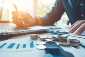 A man is writing on a laptop with a pen