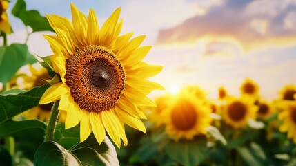 Fototapeta premium Bright Sunflower Bloom Against Dazzling Sunset Sky and Field