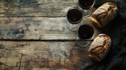 the elements of communion (bread and wine) on a rustic wooden table, symbolizing remembrance.
