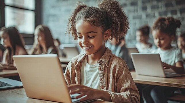 Students using tablets and laptops in a classroom setting, engaging with interactive learning tools.