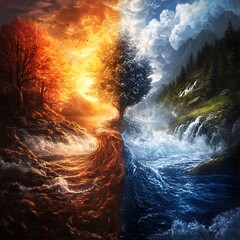 Fototapeta premium A water and fire between rocks