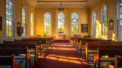 Fototapeta premium the interior of a church with sunlight streaming through the windows, creating a warm and inviting atmosphere.