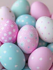 Fototapeta premium Pastel easter eggs with floral and polka dot designs in soft spring colors