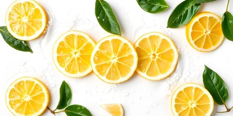 slices of lemon and lemon slices are surrounded by stains of water and green mint leaves, arranged on a white background