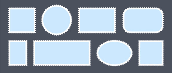 Blue postage stamps set. Post stamp frames and borders. Ellipse, rectangle, square template for mail, postcard, letter, note. Jagged wavy edge forms. Vector zigzag objects for badge, sticker, photo