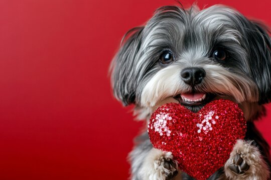 Havanese - my cherished dog. Cute havanese pup with sparkling rhinestones red heart - emblem of love, funny greeting card. Marketing conceptual art. Valentine's heart pet ideas. Animal love.