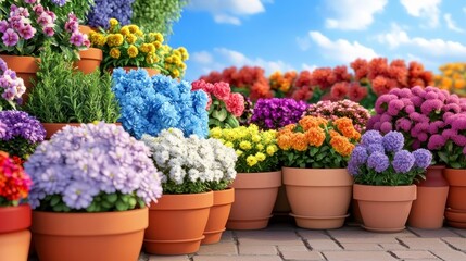Vibrant Flower Pots with Colorful Blossoms under Clear Blue Sky