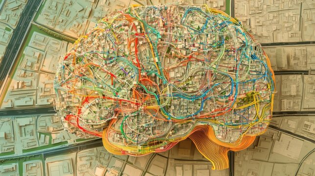 A brain made of interconnected city maps and transportation routes, Innovation scene, Geographical style