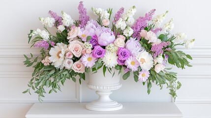 Fototapeta premium Elegant floral arrangement in white vase with lavender and pink blooms