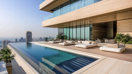 Cityscape view from infinity pool luxury penthouse