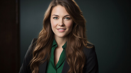 Confident and stylish businesswoman with long hair and a beautiful smile wearing a green suit against a dark background. Perfect for business, consulting, leadership, and professional branding themes.