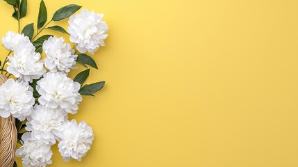 White flowers on yellow background, copy space, spring, nature, flat lay